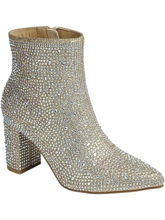 Shoes - Women's Champagne Stylish Pointed Toe Rhinestone Block Medium Heel Ankle Booties